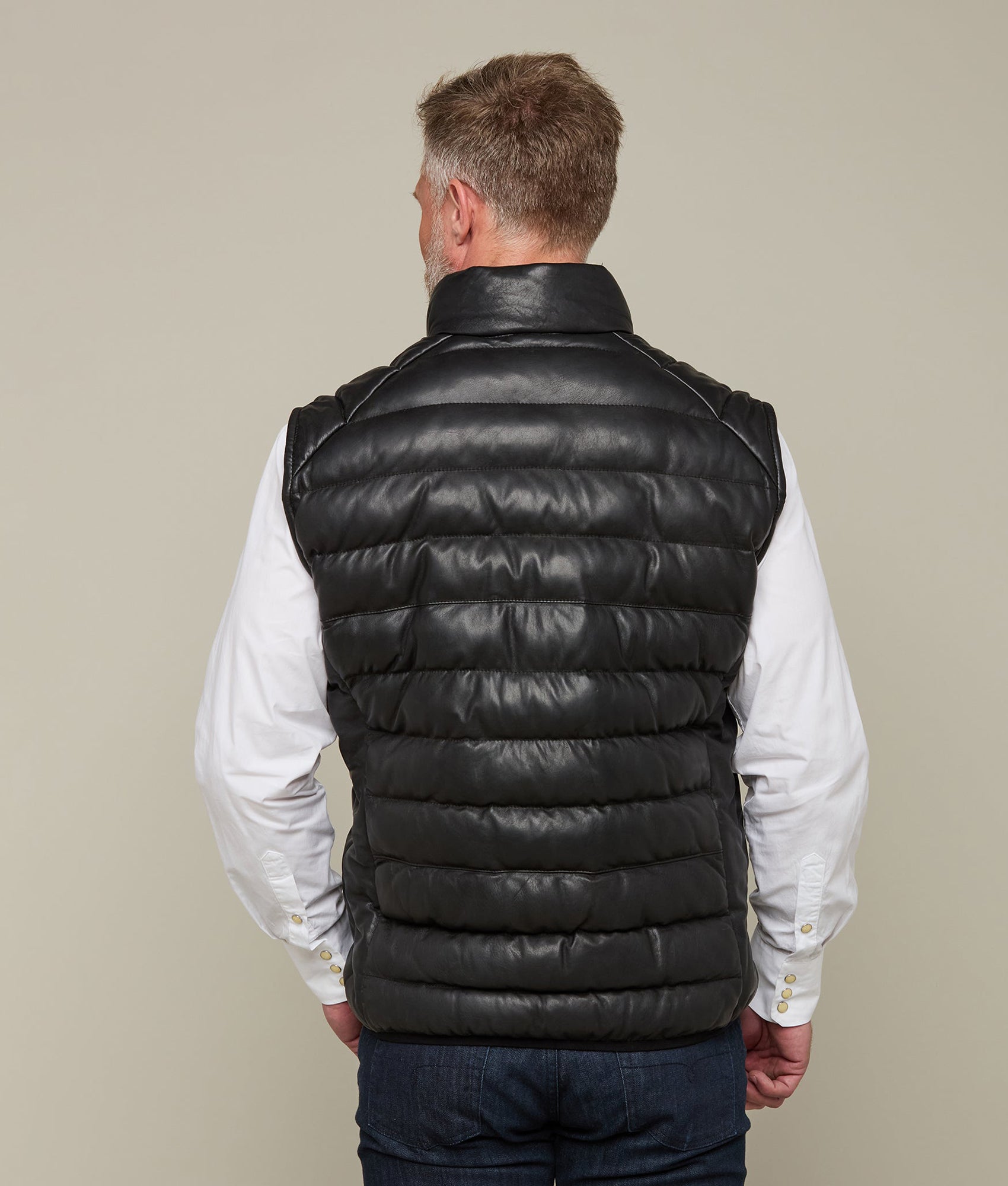 Men's Leather Puffer Vest :: Black - Image 4