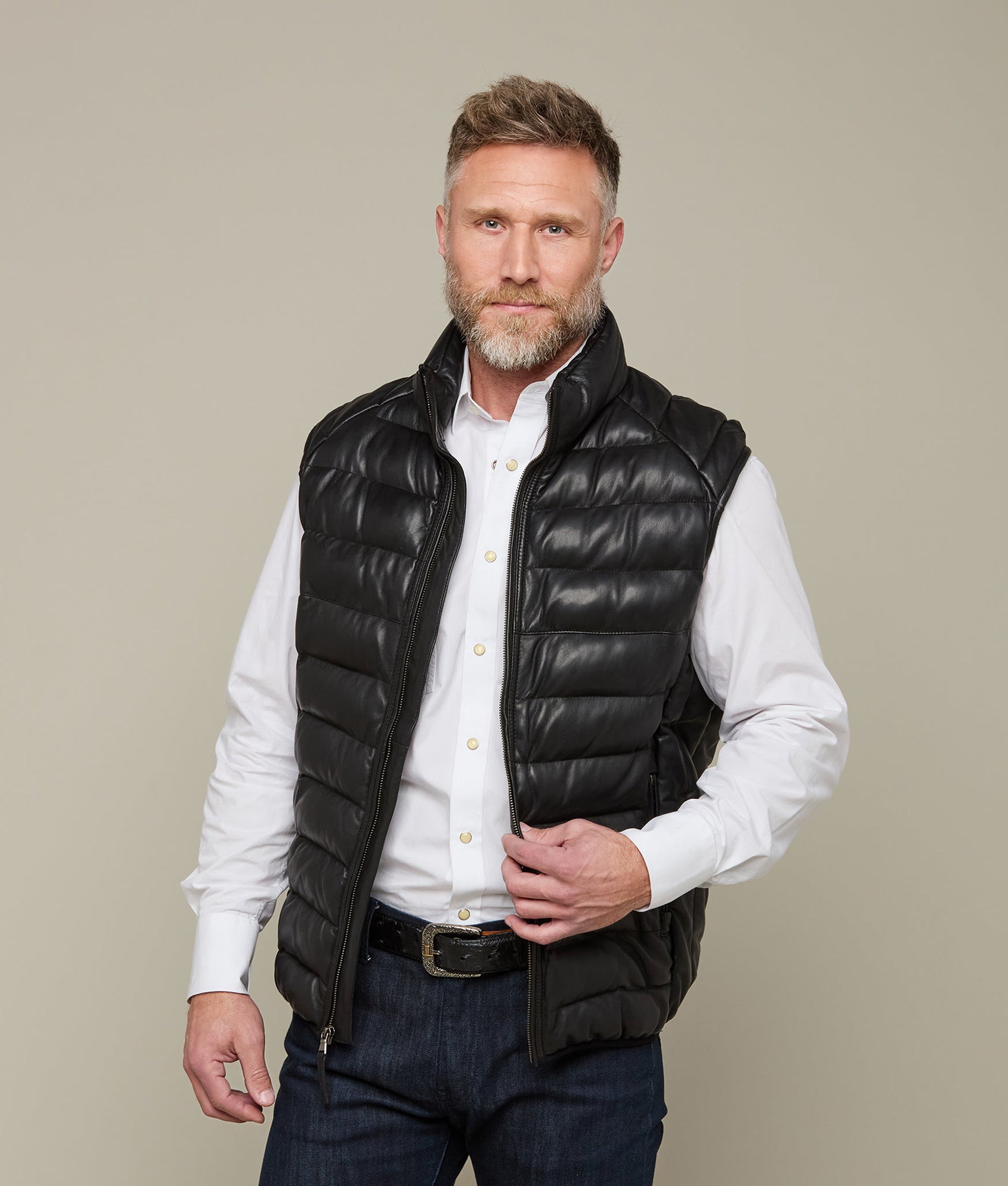 Men's Leather Puffer Vest :: Black - Image 6