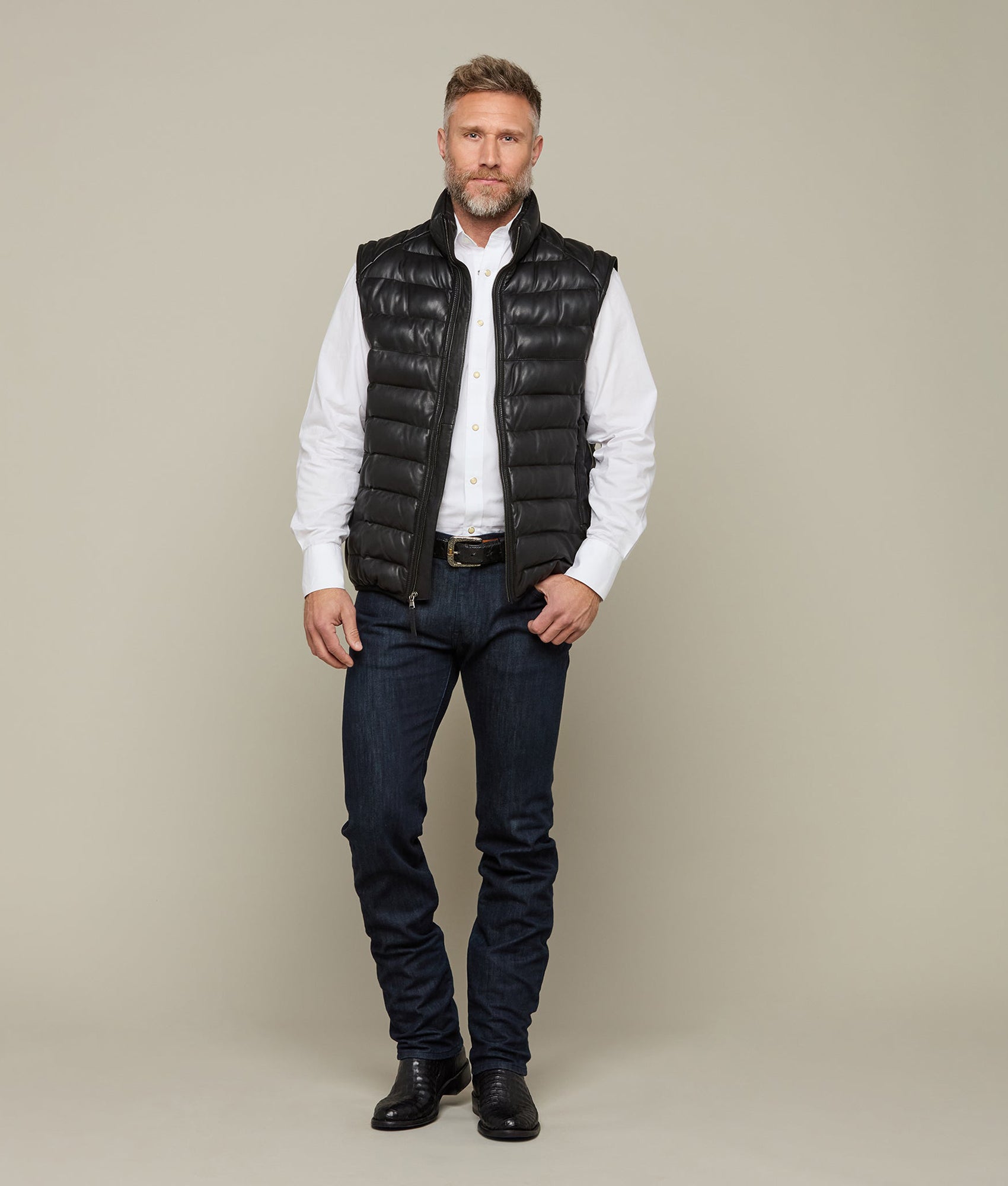 Men's Leather Puffer Vest :: Black - Image 5