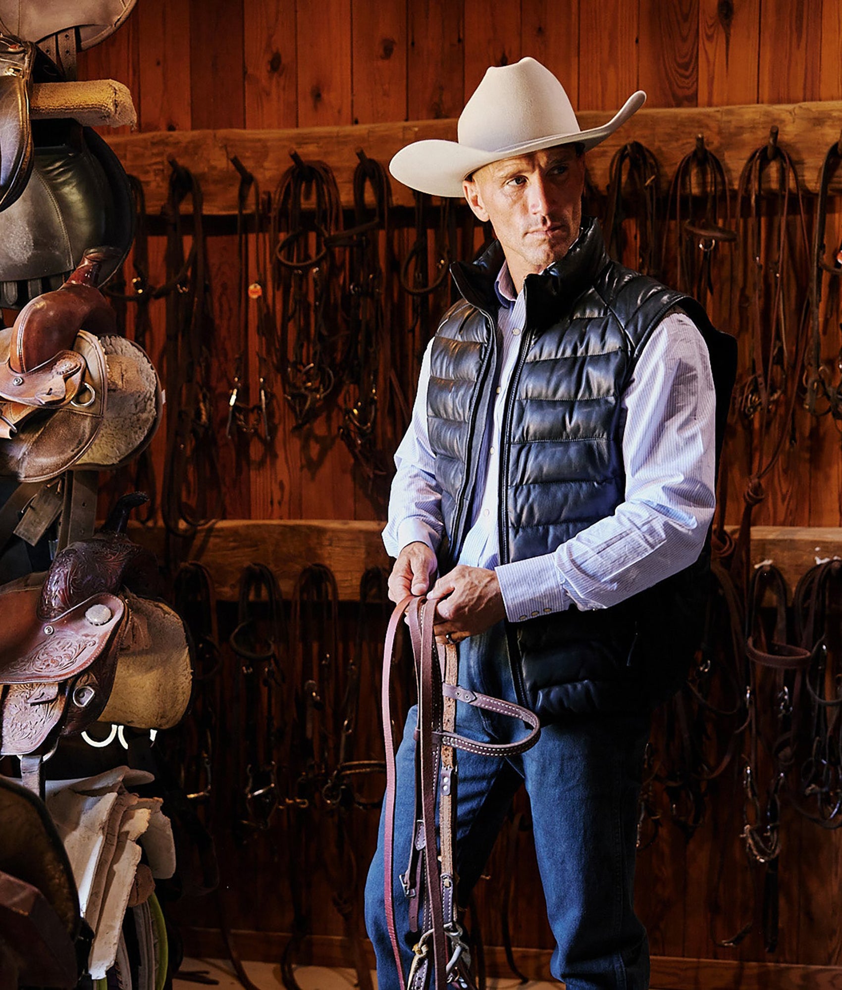 Men's Leather Puffer Vest :: Black - Image 2